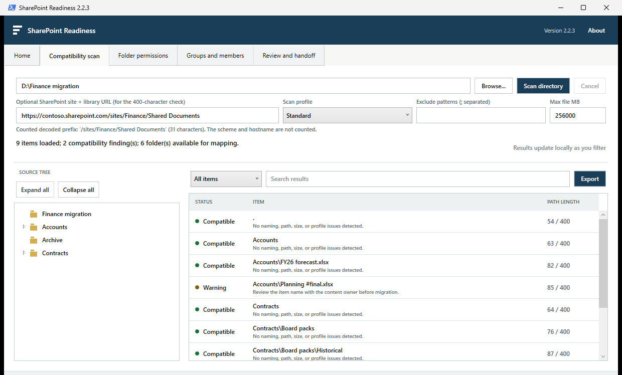 SharePoint Readiness compatibility scan showing a folder tree, scan controls and path-aware results